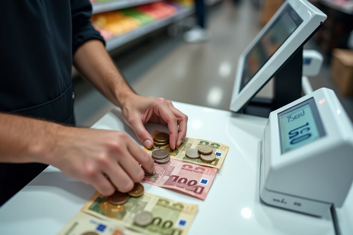 Gros plan de mains de caissier triant des billets et pièces en euros sur une caisse enregistreuse pour effectuer un rendu de monnaie précis