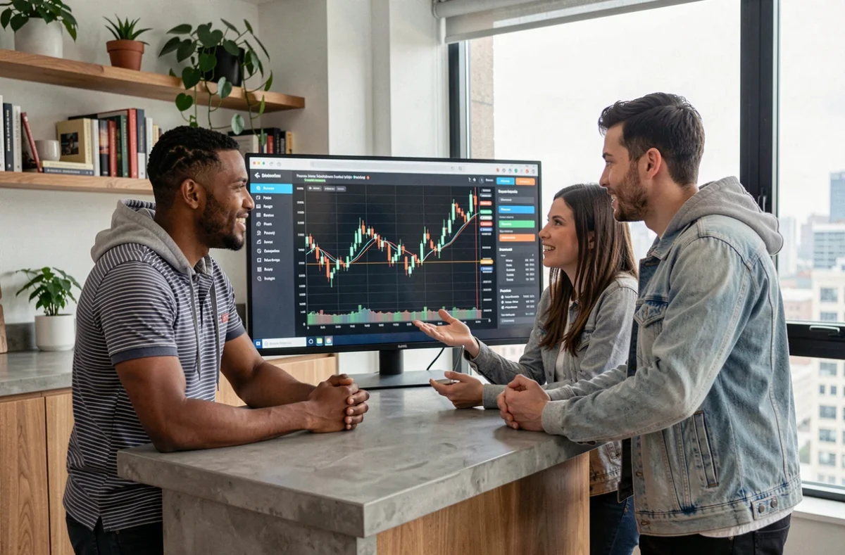 Groupe de jeunes adultes apprenant ensemble les bases du trading boursier devant un écran d'ordinateur à domicile