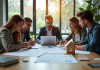 Groupe de jeunes adultes analysant des documents et utilisant un ordinateur