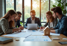 Groupe de jeunes adultes analysant des documents et utilisant un ordinateur