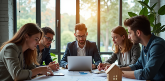 Groupe de jeunes adultes analysant des documents et utilisant un ordinateur