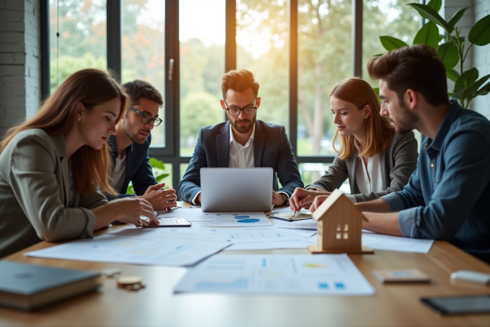 Groupe de jeunes adultes analysant des documents et utilisant un ordinateur