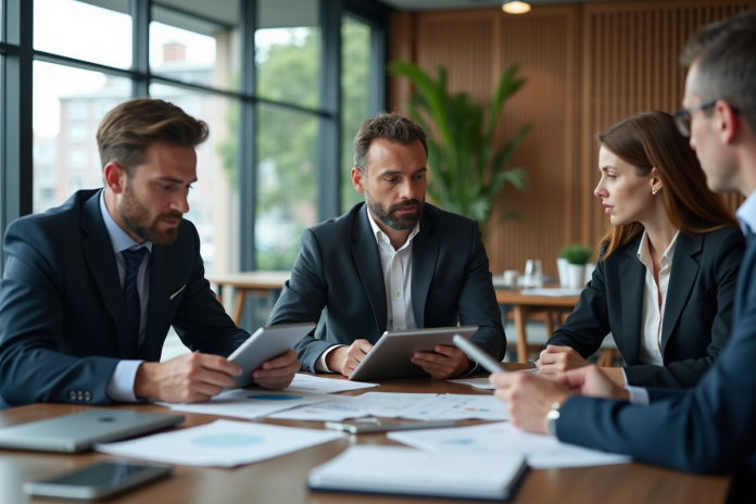 groupe-professionnels-conference Groupe de professionnels en réunion dans un bureau moderne