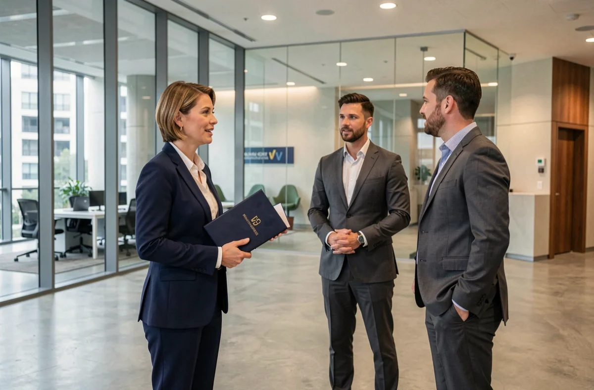 Une conseillère patrimoniale du Groupe Selexium accueillant des clients dans le hall d'un cabinet financier moderne