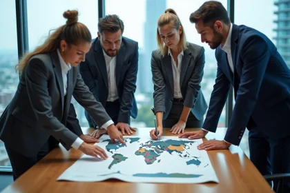 Professionnels d'affaires planifiant sur une carte mondiale