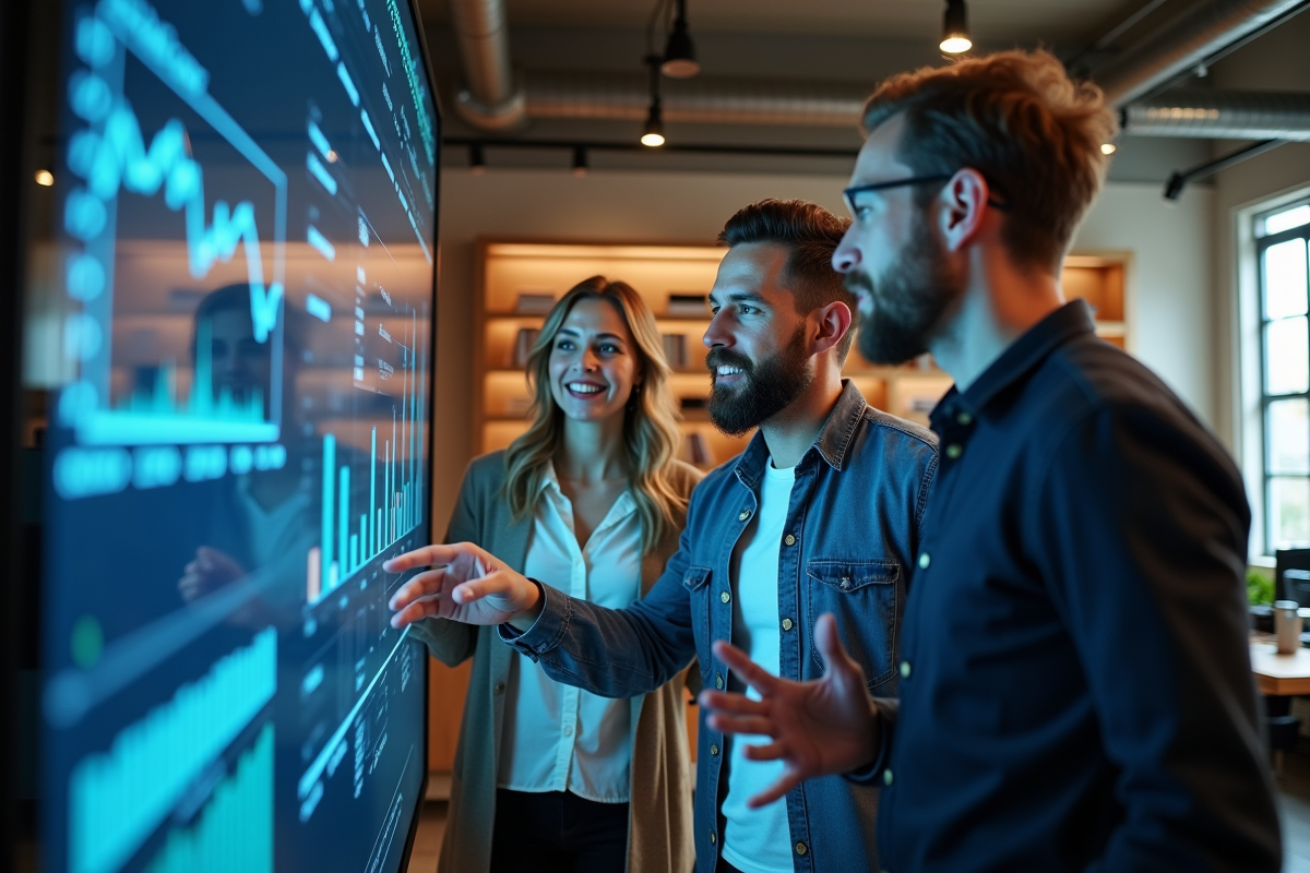 Groupe de passionnes discutant devant un grand écran interactif