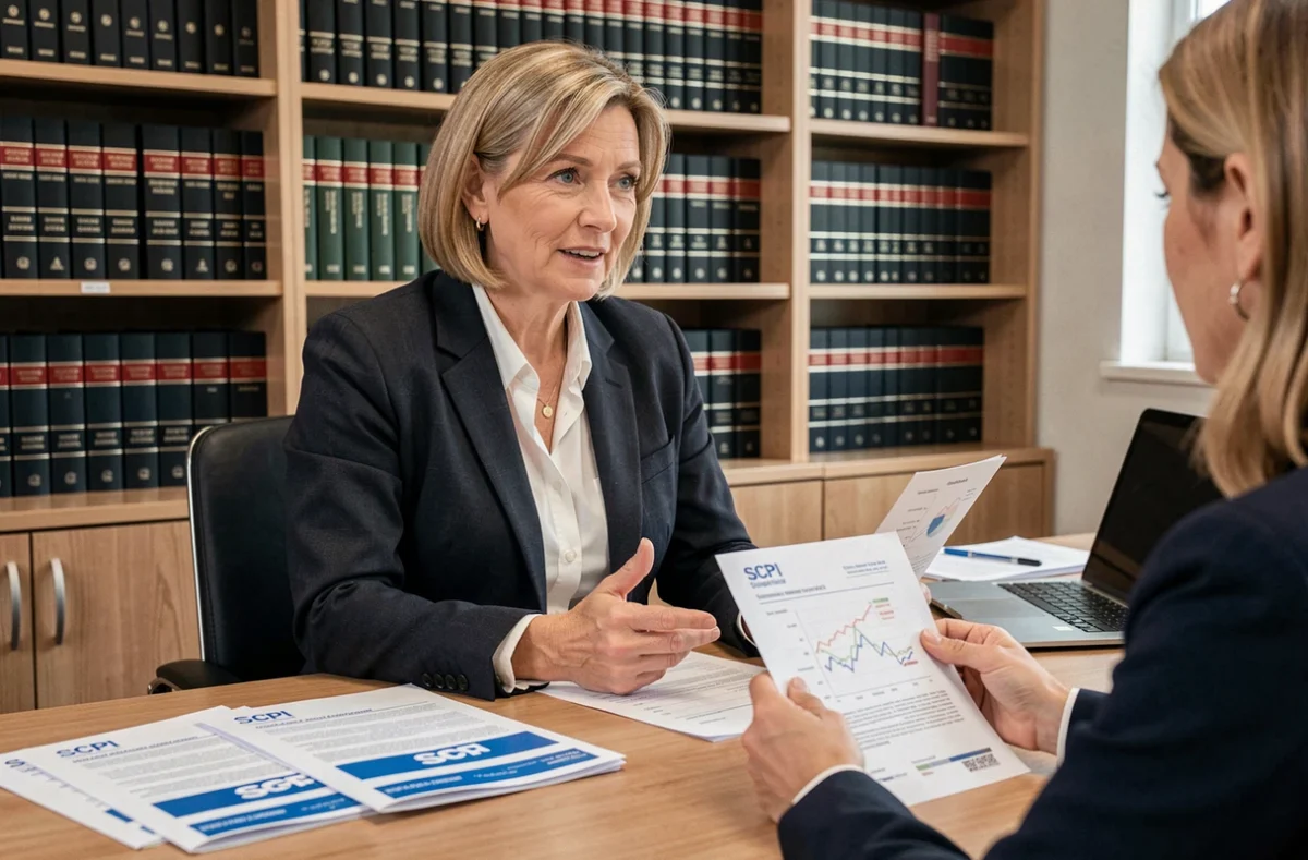 Experte de Hagnère Patrimoine présentant des documents SCPI et réglementaires à un client dans son bureau professionnel