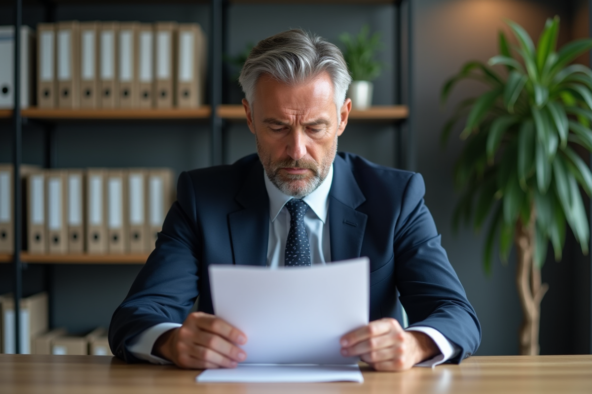 Homme d affaires en costume examine des documents bancaires