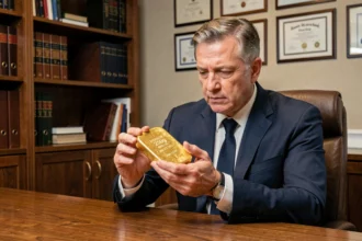 Homme d'affaires en costume marine examinant un lingot d'or de 250g dans un bureau financier privé, simulation de gains 2026