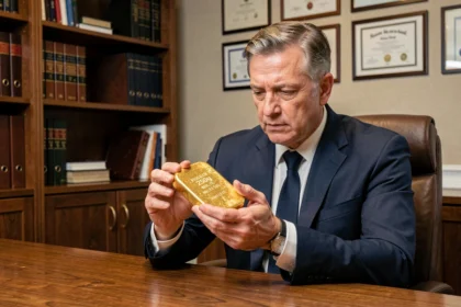 Homme d'affaires en costume marine examinant un lingot d'or de 250g dans un bureau financier privé, simulation de gains 2026