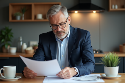 Homme d'affaires en costume regardant des documents financiers
