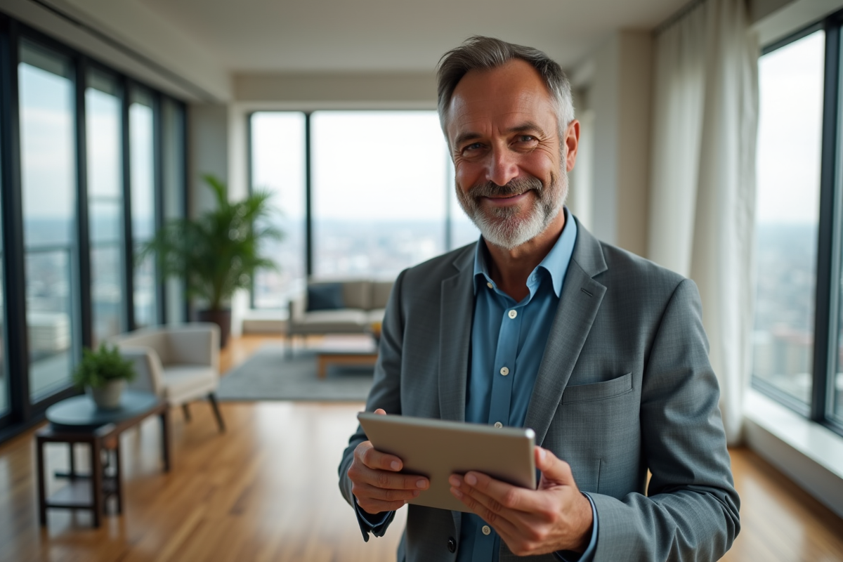 Homme d'affaires souriant avec tablette dans un appartement moderne