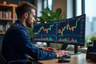 Homme analysant des crypto-monnaies sur la plateforme eToro depuis son bureau à domicile