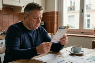 Homme analysant un ticket EuroMillions Étoile+ avec des tableaux de probabilités sur une table de cuisine