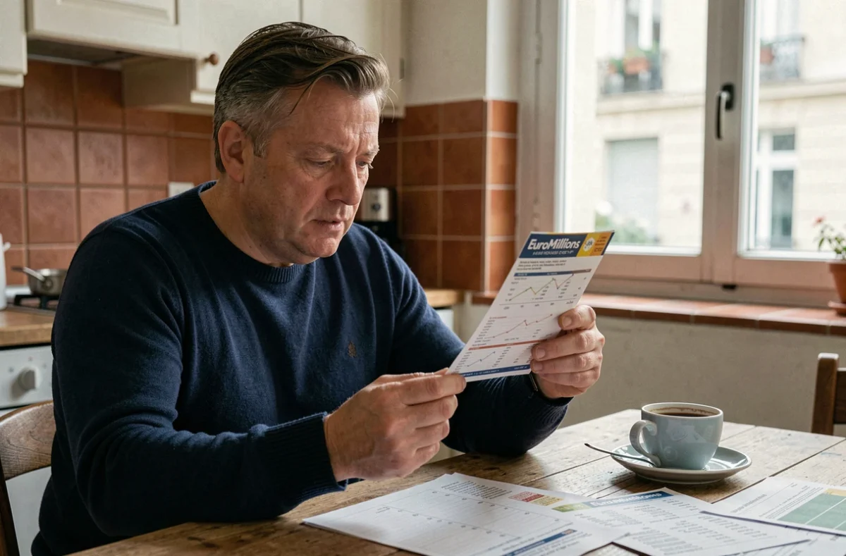 Homme analysant un ticket EuroMillions Étoile+ avec des tableaux de probabilités sur une table de cuisine