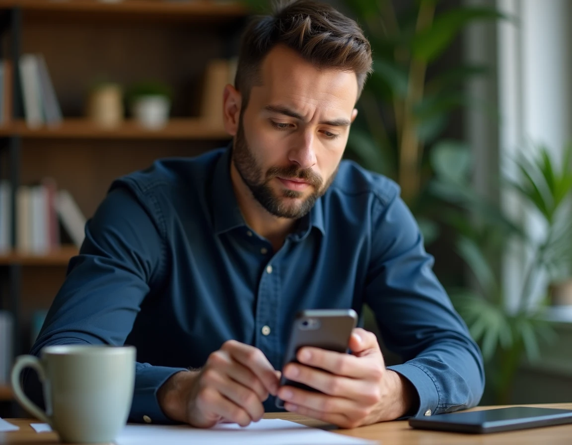 Homme vérifiant un prélèvement suspect sur son application bancaire mobile