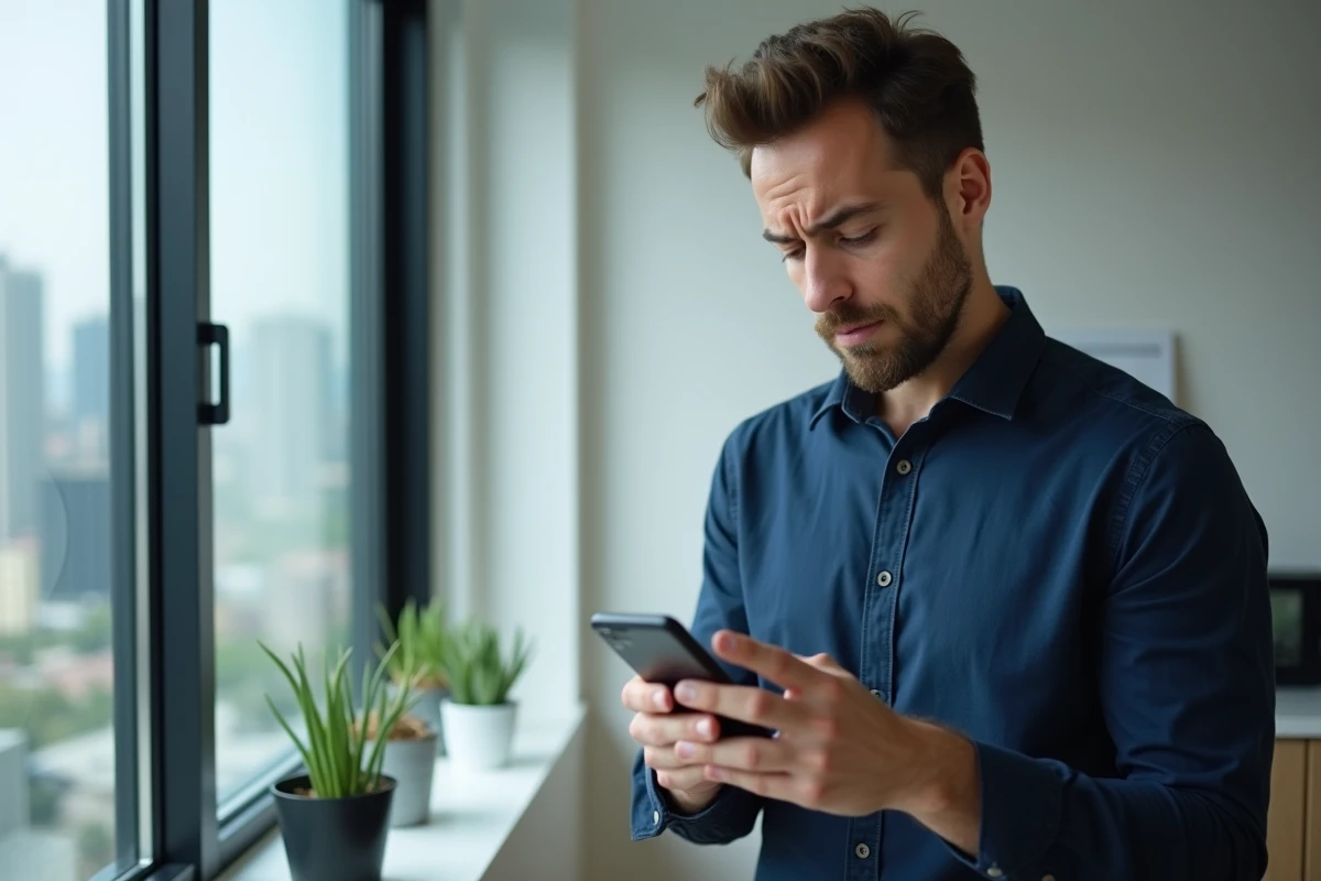 Homme consultant son application bancaire sur smartphone pour identifier un prélèvement SGC Mérignac