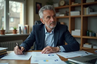 Homme d'âge moyen concentré dans un bureau moderne