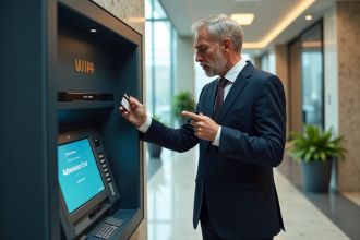 Homme d'affaires devant un ATM avec erreur d'authentification