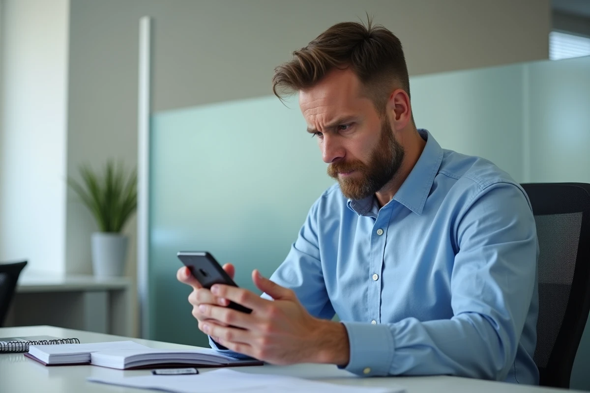 Homme en bureau consultant une application bancaire sur smartphone avec une expression préoccupée face à des prélèvements AMZ incompris