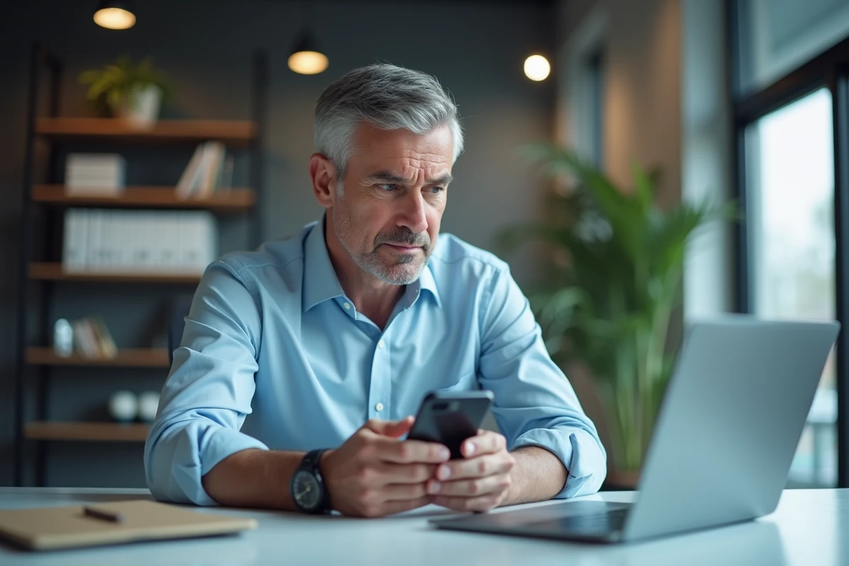 Homme d'affaires perplexe face à un bug de l'application Caisse d'Épargne sur son téléphone au bureau