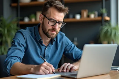 Homme concentré travaillant sur son ordinateur dans un bureau