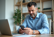 Homme d'âge moyen vérifiant ses finances sur smartphone dans un bureau
