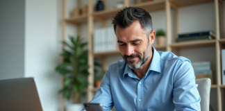 Virement bancaire : savoir prédire l’arrivée d’un transfert Homme d'âge moyen vérifiant ses finances sur smartphone dans un bureau