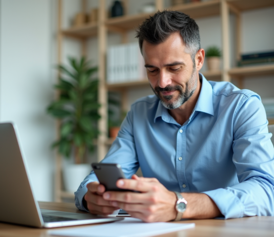 Virement bancaire : savoir prédire l’arrivée d’un transfert Homme d'âge moyen vérifiant ses finances sur smartphone dans un bureau