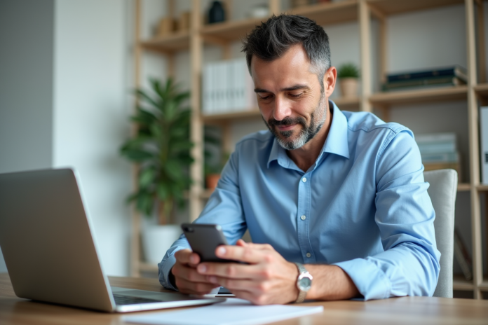 homme-bureau-ordinateur-banque Homme d'âge moyen vérifiant ses finances sur smartphone dans un bureau