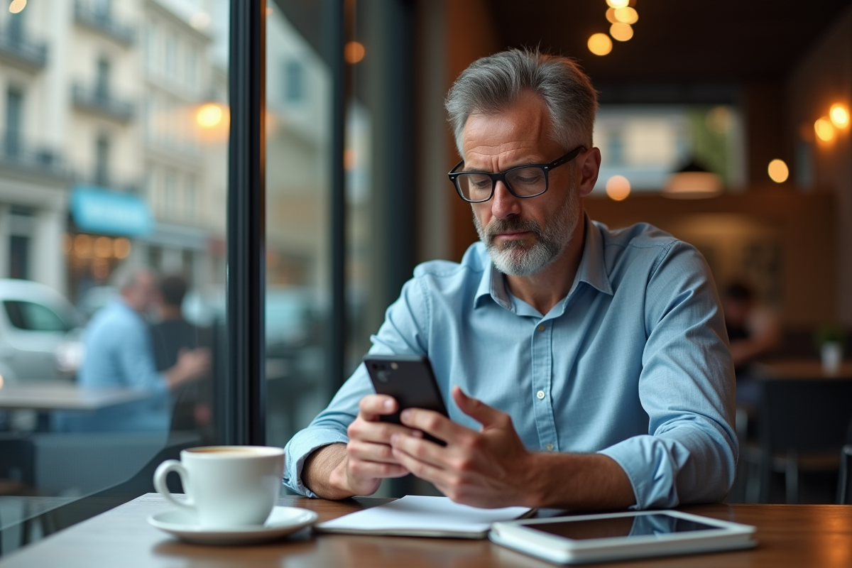 Homme d age moyen utilise une application bancaire sur son smartphone