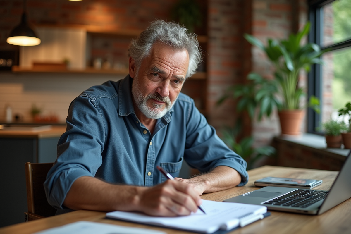 Homme détendu utilise une calculatrice à la maison