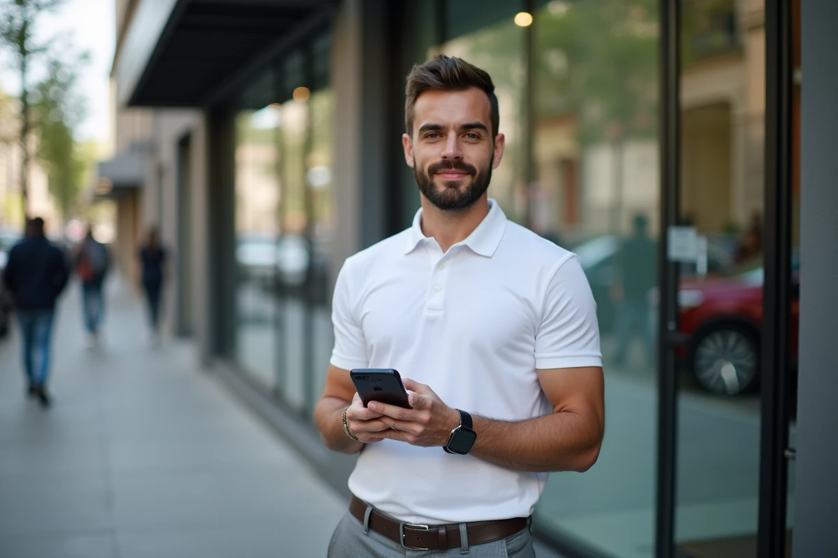 Homme en CDD utilisant une application mobile pour demander un crédit devant une agence financière