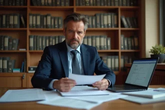 Homme consultant le formulaire Cerfa 3916 bis pour déclarer un compte bancaire étranger à son bureau