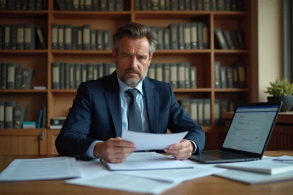 Homme consultant le formulaire Cerfa 3916 bis pour déclarer un compte bancaire étranger à son bureau