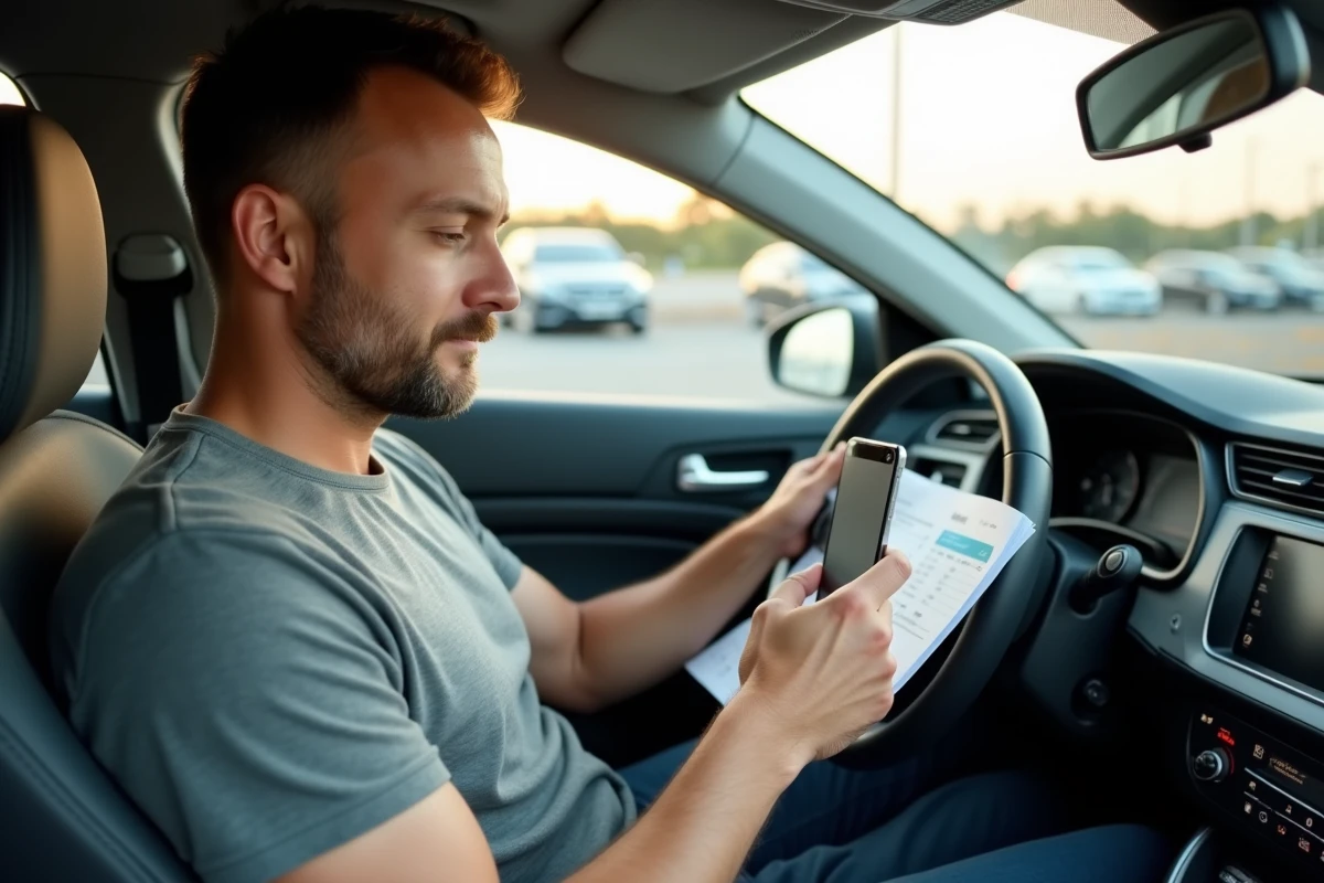 Homme consultant ses chèques vacances essence dans sa voiture avant de faire le plein