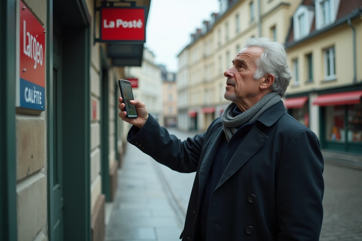 Homme cherchant un distributeur La Poste sur son téléphone devant une agence fermée le dimanche