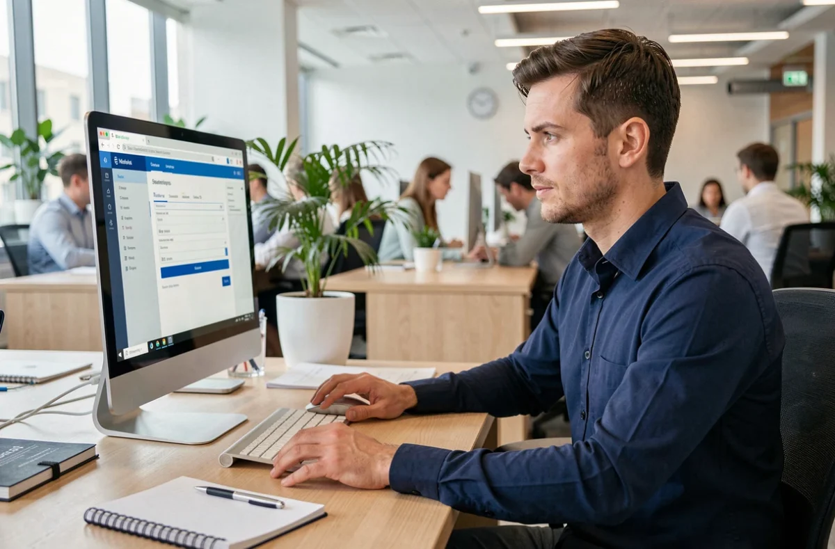 Homme configurant un virement en ligne sur Banque Populaire Rives de Paris depuis un poste de travail en bureau