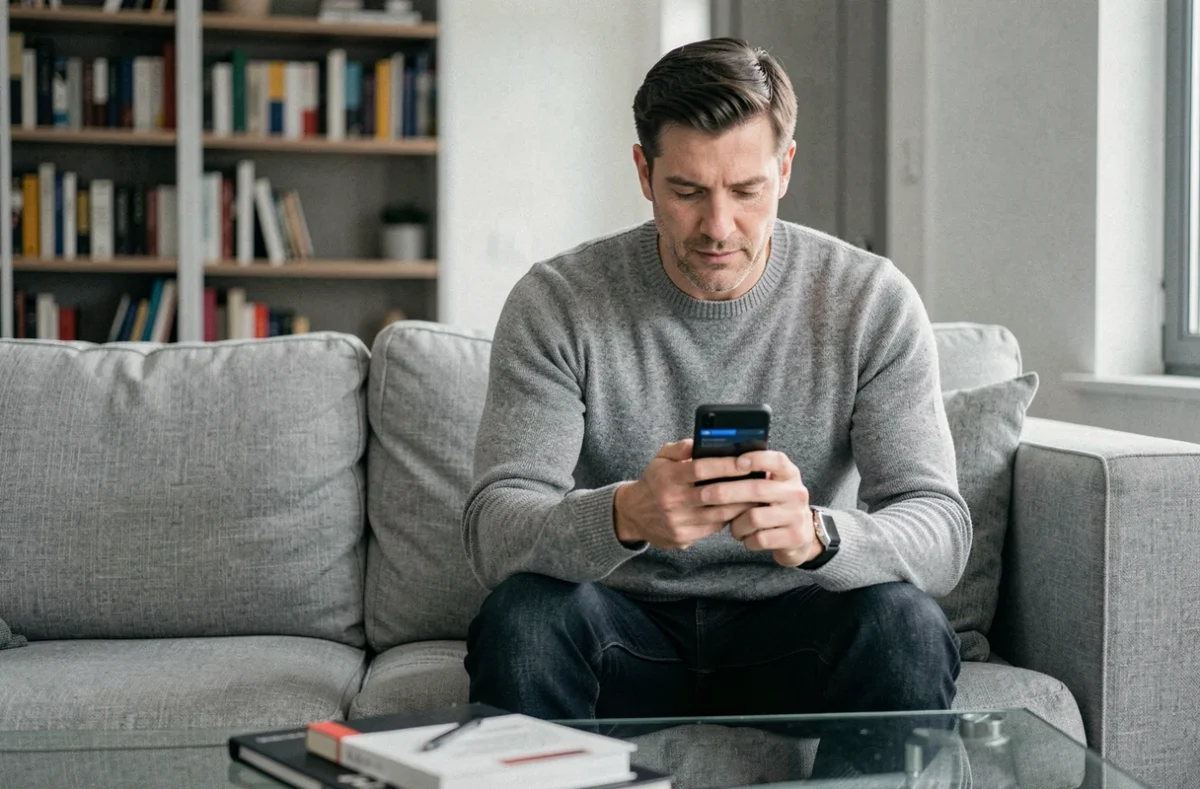 Homme consultant son application bancaire en ligne sur smartphone dans un salon contemporain et détendu