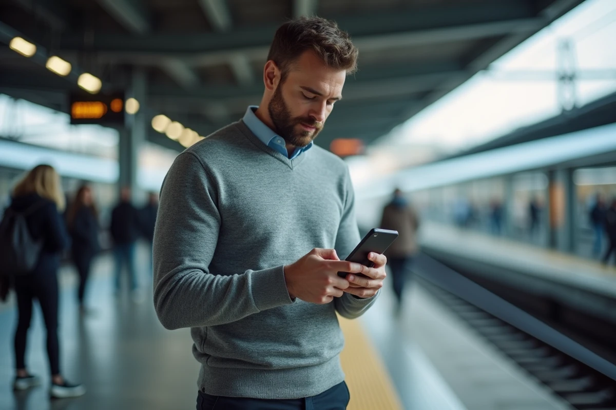 Homme consultant son compte bancaire mobile CDC Net Banque des territoires sur le quai d'un train