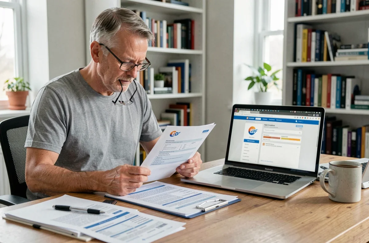 Homme lisant son contrat EDF pour comprendre les nouveaux horaires heures creuses à son bureau à domicile