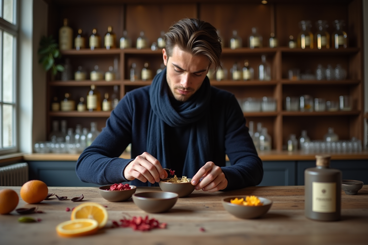 Jeune homme compose un parfum dans un studio parisien