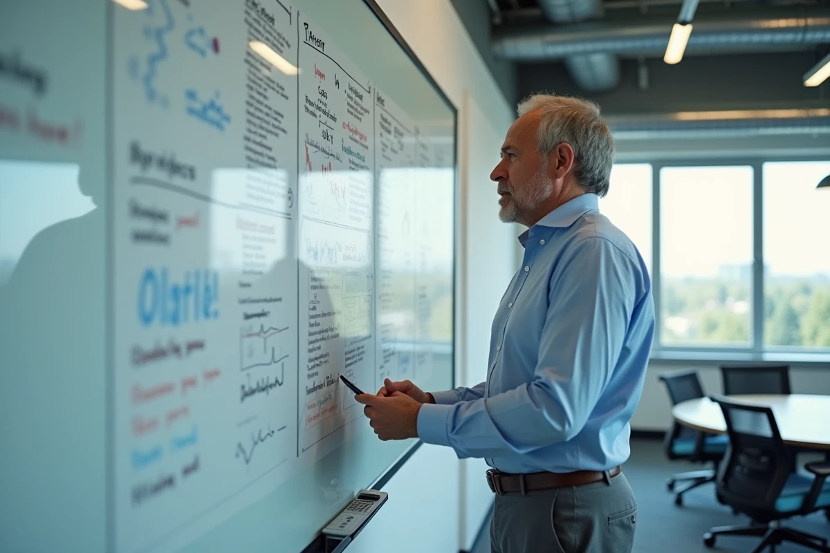 Homme d affaires discutant devant un tableau blanc