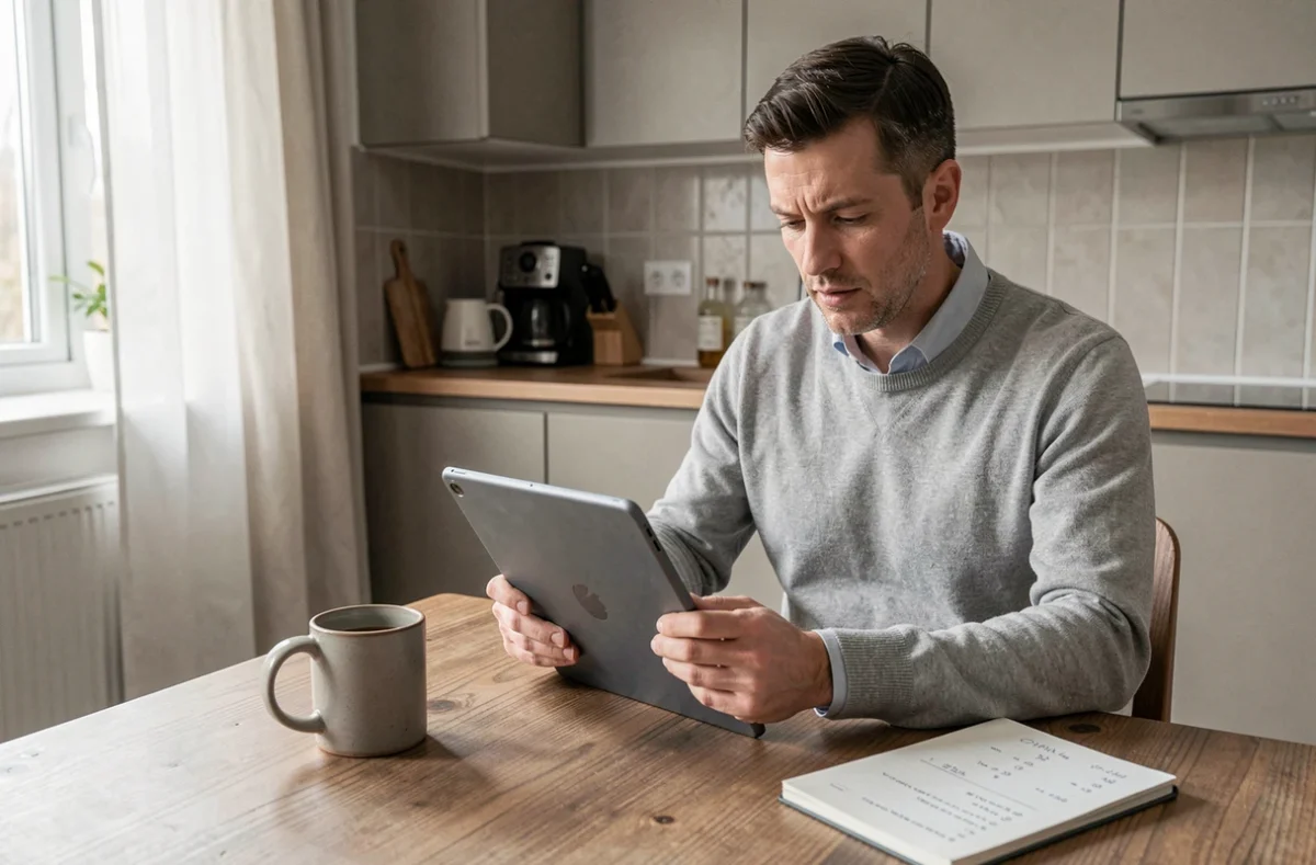 Homme consultant son compte épargne salariale CIC sur tablette depuis son domicile
