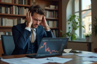 Jeune homme en costume regardant un graphique en baisse