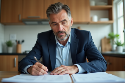 Homme d'âge moyen en costume bleu dans une cuisine moderne