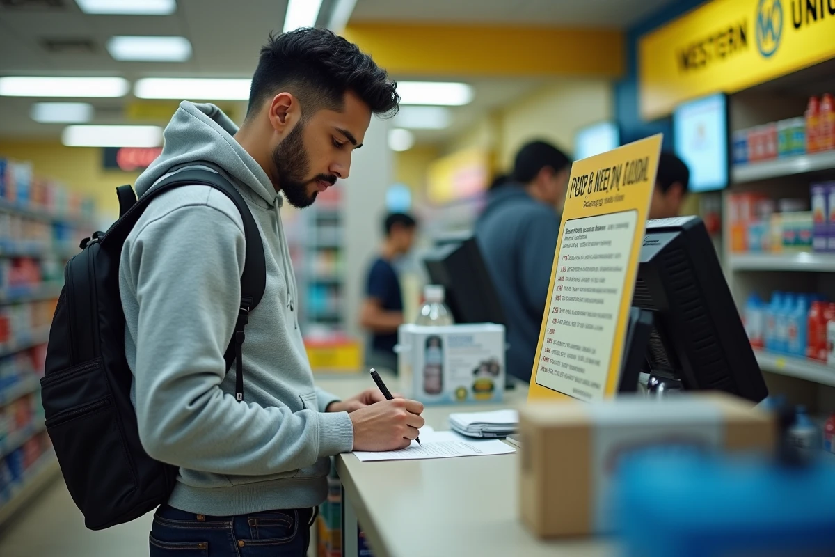 Homme remplissant un formulaire Western Union au guichet d'un commerce pour envoyer de l'argent à l'étranger