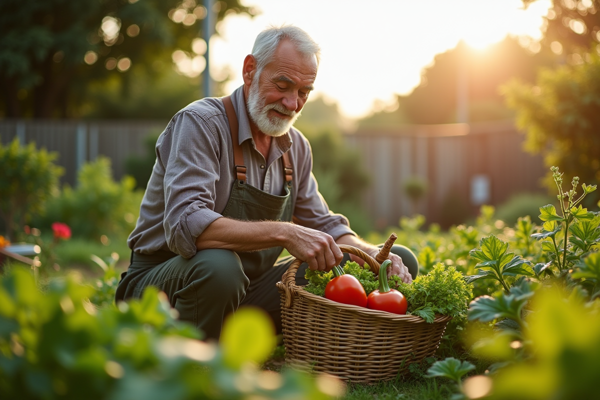 Homme mature récoltant des légumes dans son jardin en matinée