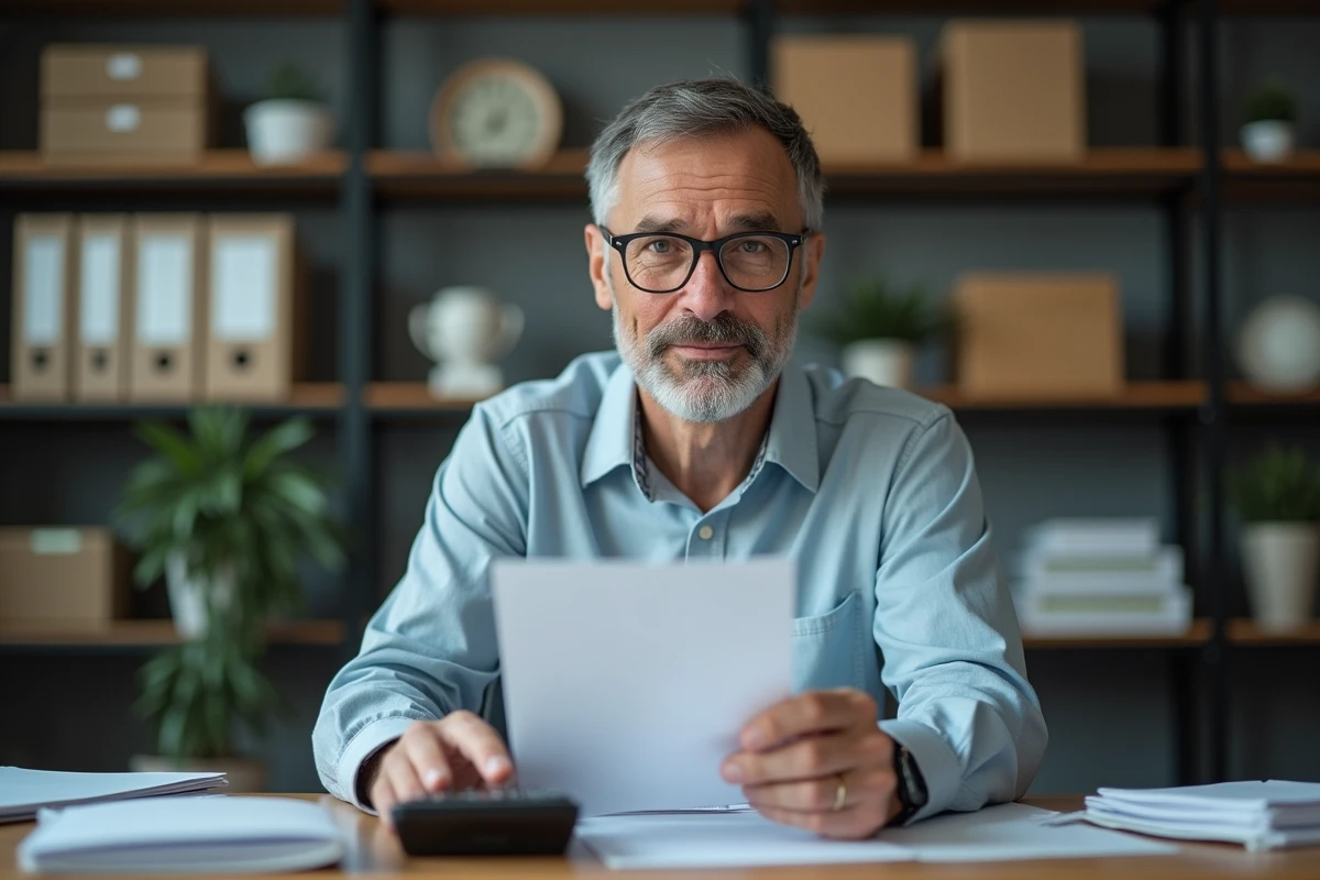 Homme vérifiant un courrier et utilisant une calculatrice au bureau