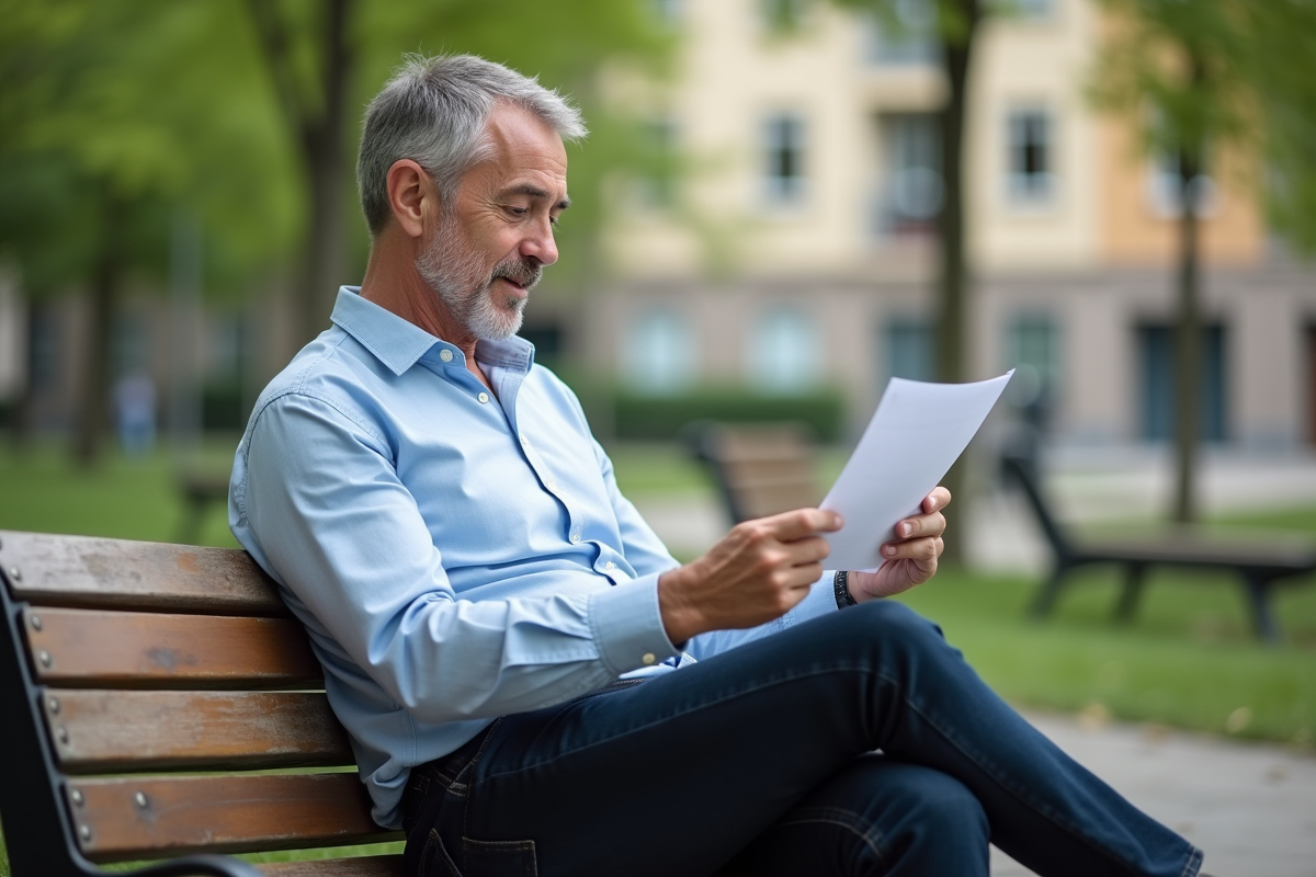 Homme lisant un rapport dans un parc urbain en plein air